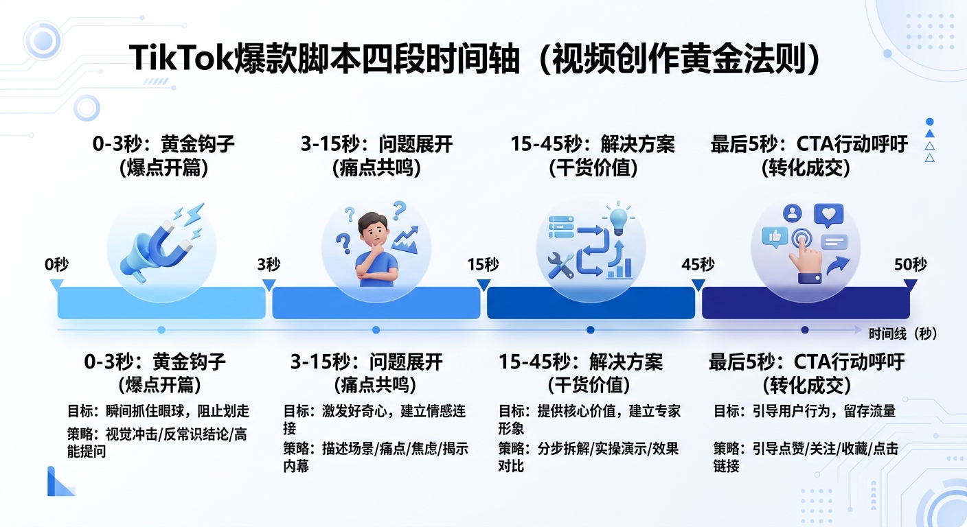 TikTok爆款脚本四段时间轴：Hook→问题→方案→CTA