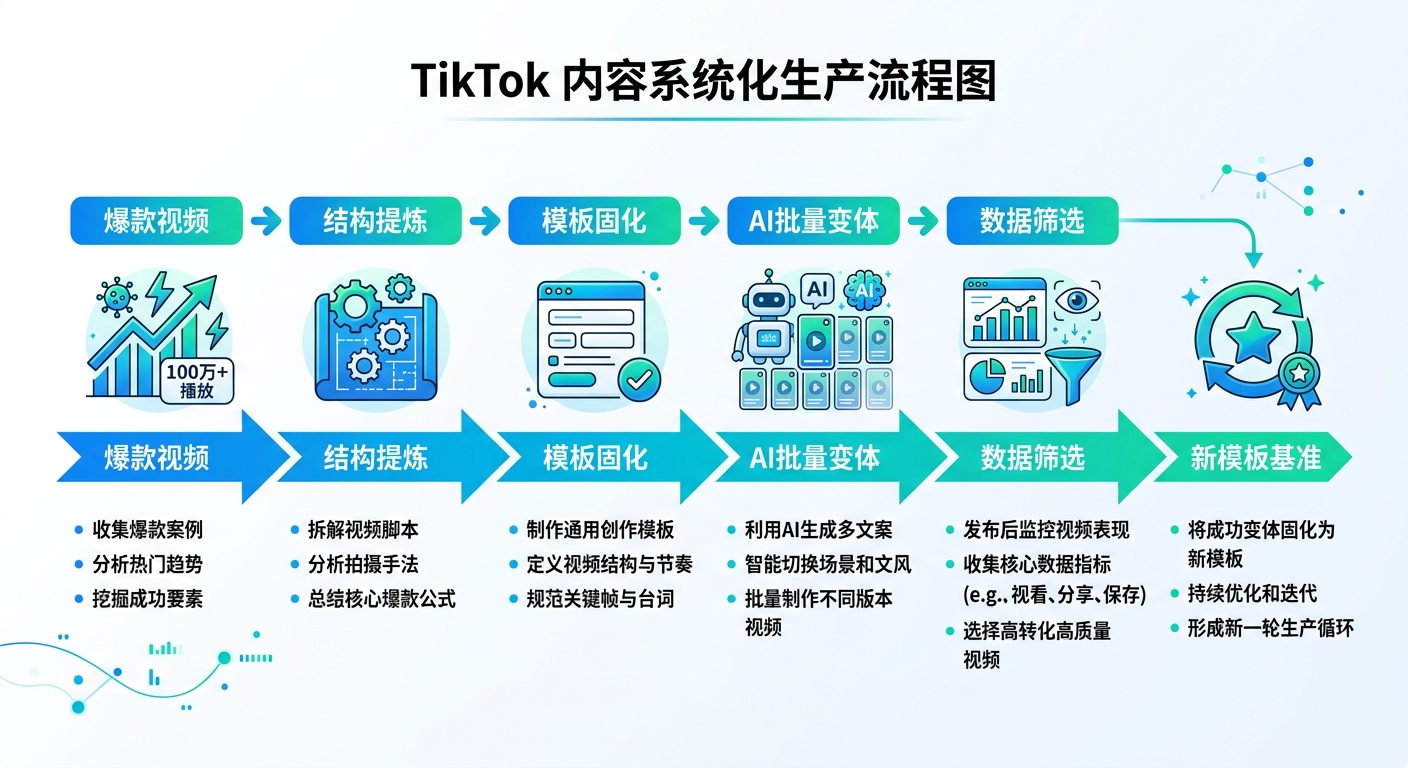 TikTok脚本系统化生产流程：爆款提炼→模板复刻→AI批量变体