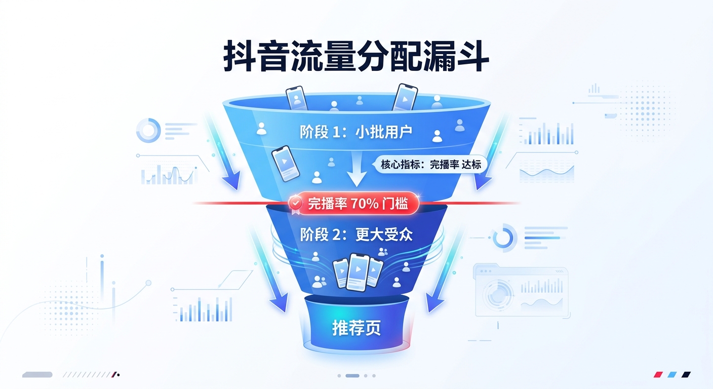 TikTok流量分配漏斗:Phase 1完播率门槛与扩散机制