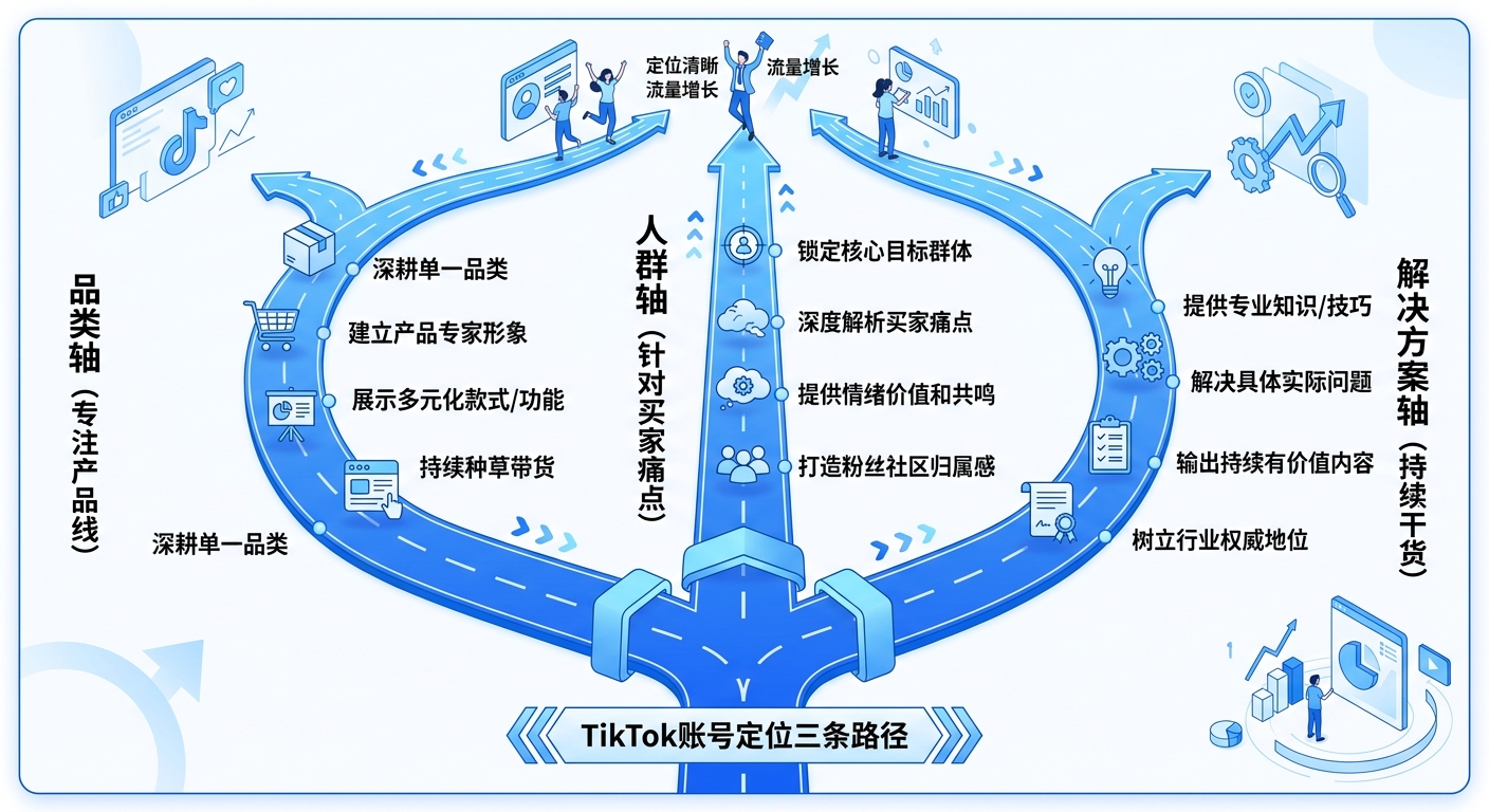 TikTok账号定位路径：品类轴/人群轴/解决方案轴三条路