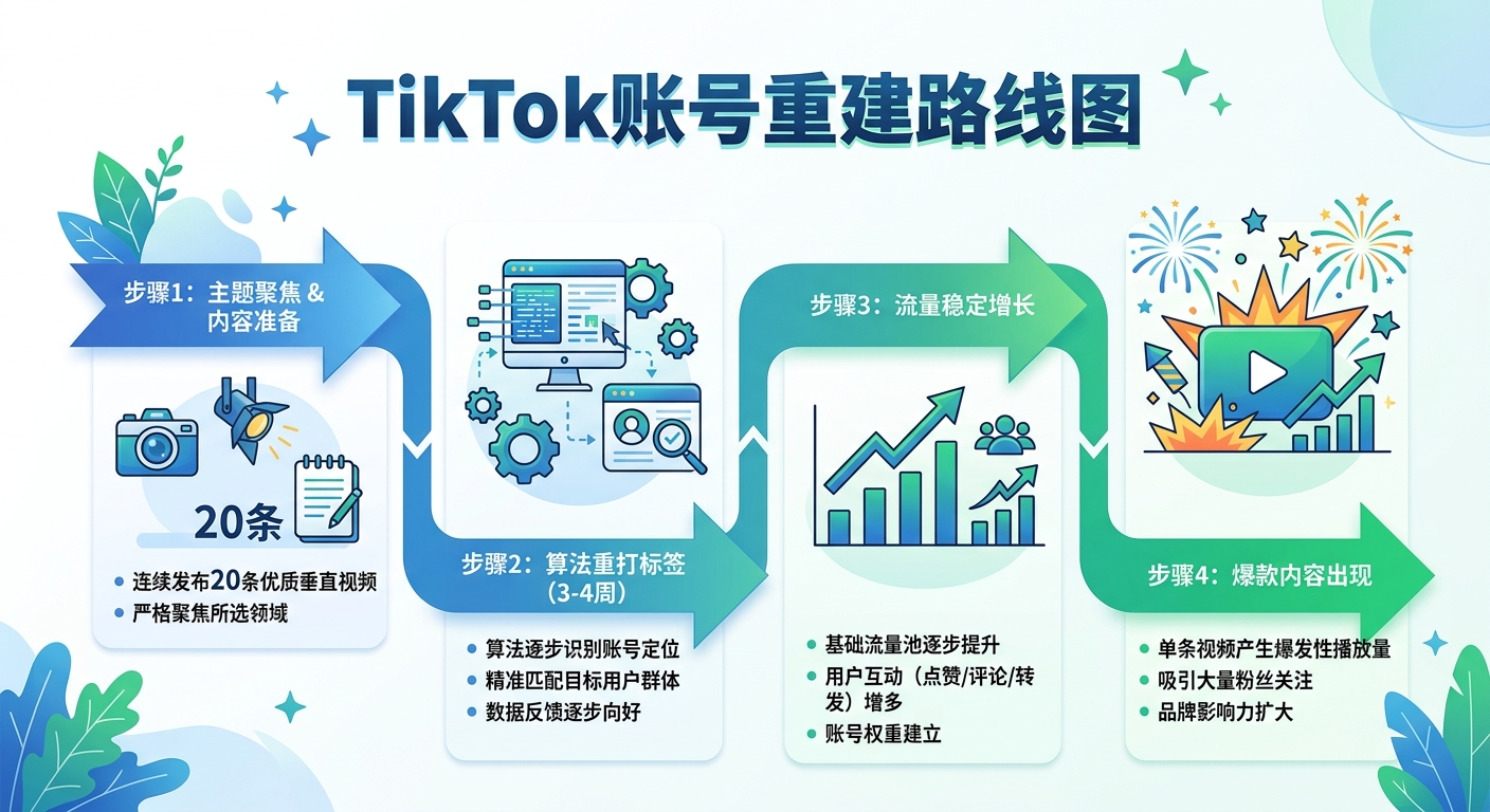 TikTok账号重建路线图：主题聚焦20条→算法重打标签→流量稳定期