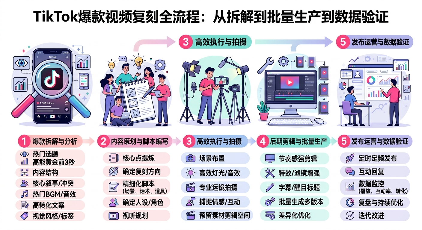TikTok爆款复刻流程:结构拆解→模板提炼→批量生产→数据验证