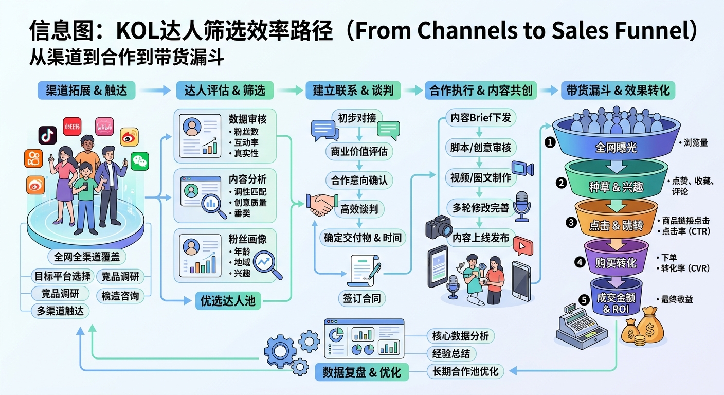 KOL达人筛选效率路径:从渠道到合作到带货的漏斗模型