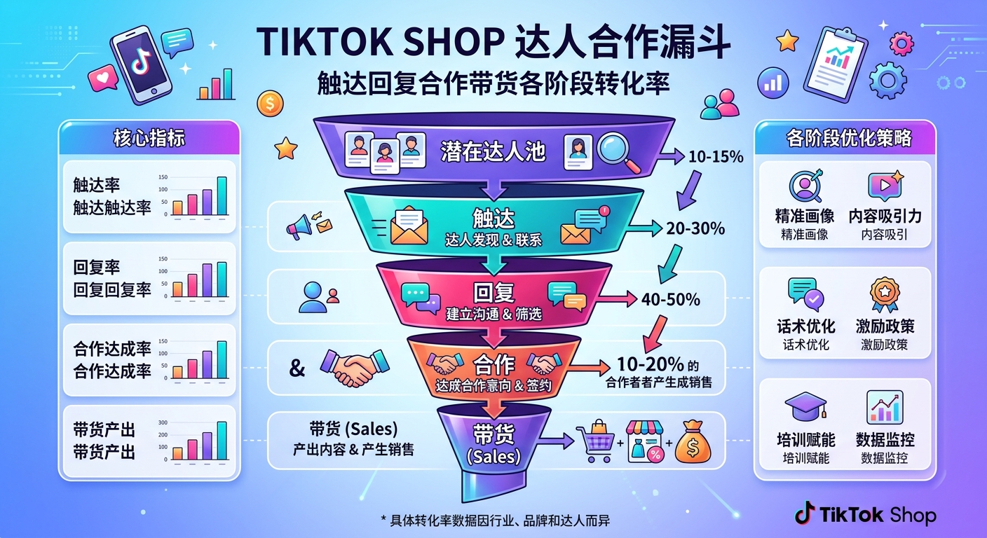 TikTok Shop达人合作漏斗:触达→回复→合作→带货的各阶段转化率基准