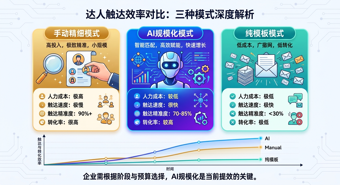 达人触达效率提升:手动精细 vs AI规模化 vs 纯模板群发的对比