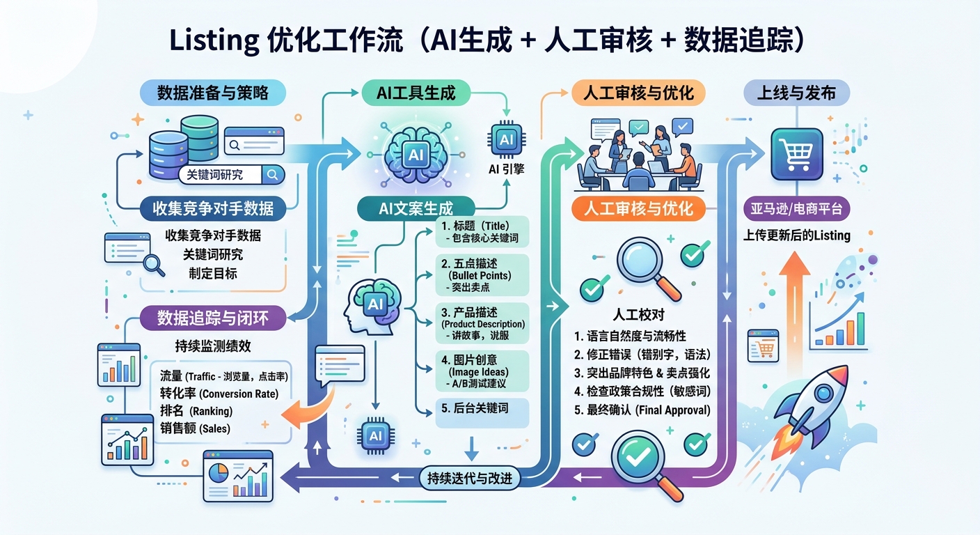 Listing优化工作流：AI工具生成 + 人工审核 + 数据追踪的标准流程