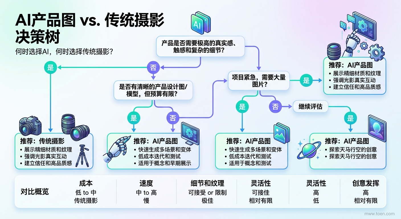 AI产品图使用决策树:何时用AI,何时用传统摄影
