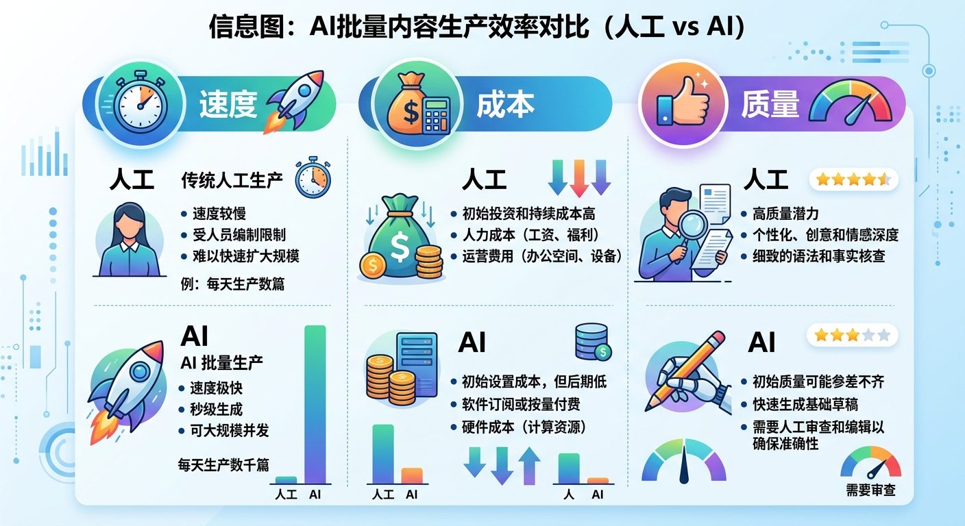 AI批量内容生产效率对比:人工 vs AI在速度、成本、质量的综合对比