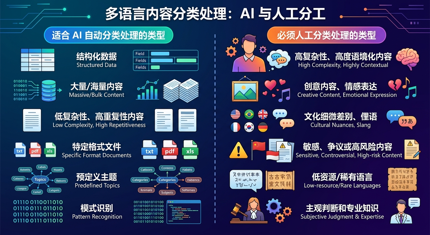 多语言内容分类处理:AI适合的内容类型和必须人工处理的内容类型