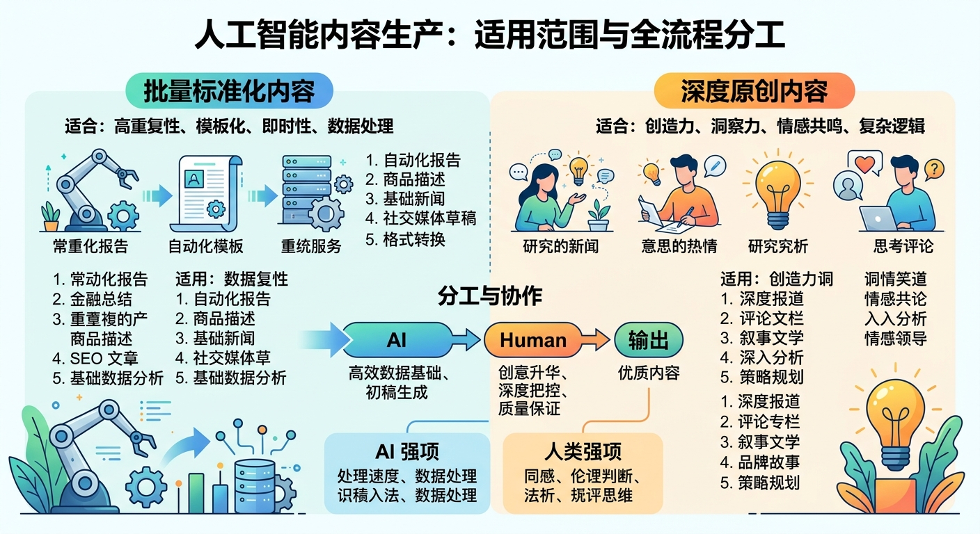 AI内容生产的适用范围:批量标准化内容 vs 深度原创内容的分工